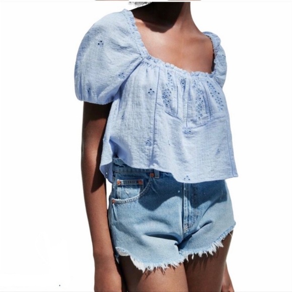 Zara Openwork Eyelet Puff Sleeve Top Size Small - Picture 3 of 11